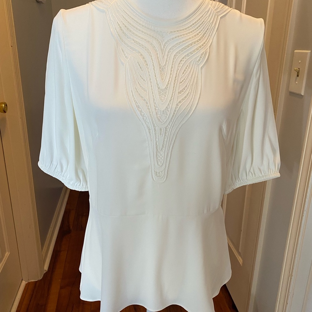 White House Black Market White Blouse with Embroidered Detail